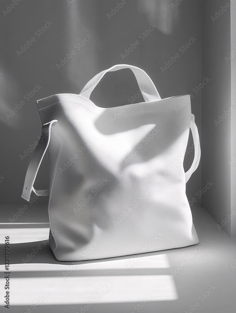 Poster white tote bag on a white surface with light and shadow in a minimalist studio setting