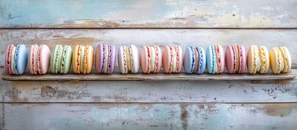 Poster colorful macarons displayed on a wooden platter against a rustic background with copy space for text