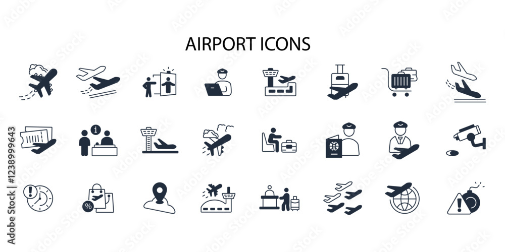 Poster airport icon set.vector.editable stroke.linear style sign for use web design,logo.symbol illustratio