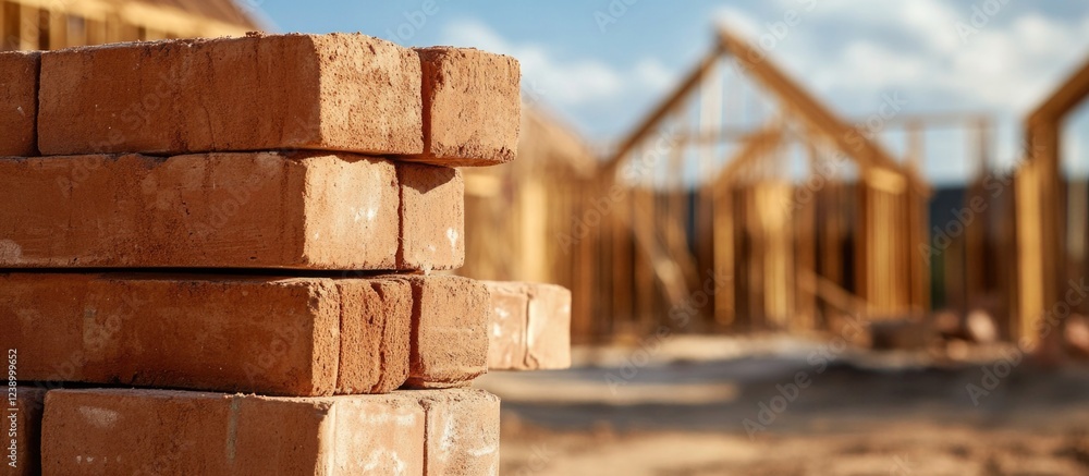 Poster construction site with stacked bricks in the foreground and wooden framework of a building under con