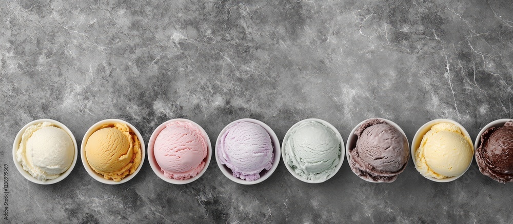 Poster assorted ice cream scoops in circular cups arranged on a gray marble surface with ample copy space f