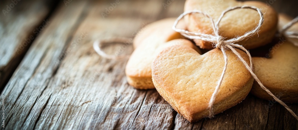 Poster heart-shaped cookies tied with twine on rustic wooden surface with copy space for text