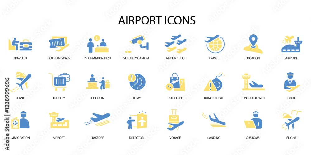 Poster airport icon set.vector.editable stroke.linear style sign for use web design,logo.symbol illustratio
