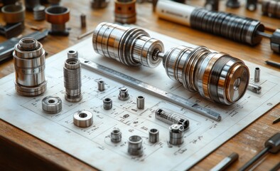 Mechanical Parts Sketch on Table with Caliper and Blueprint in Soft Natural Light