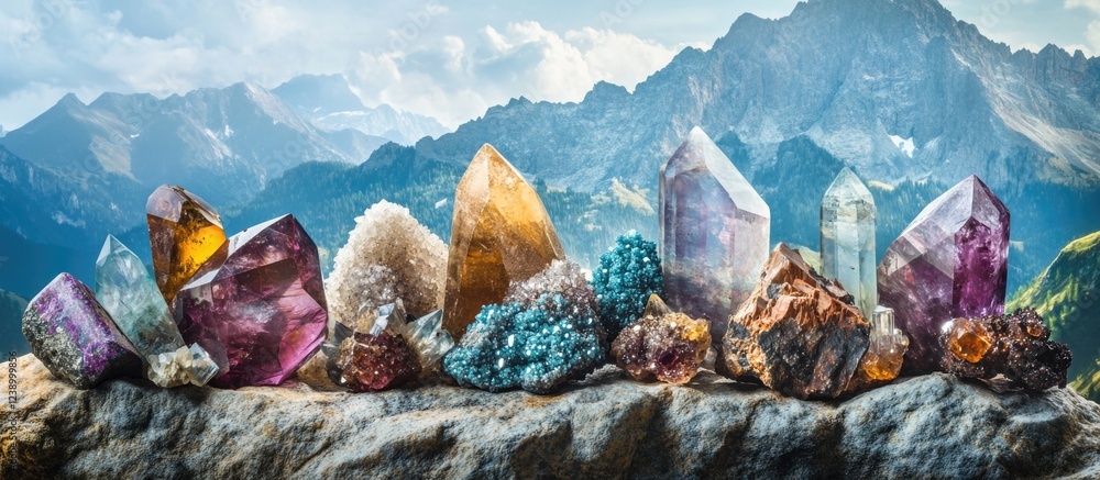 Poster collection of colorful crystals and gemstones set against a mountainous backdrop with copy space for