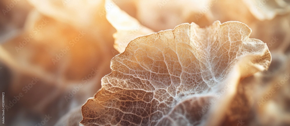 Poster close-up detail of translucent mushroom gills with soft backlighting and copy space for text placeme