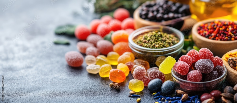 Poster assorted colorful candies and spices in wooden bowls on a dark surface with copy space for text plac
