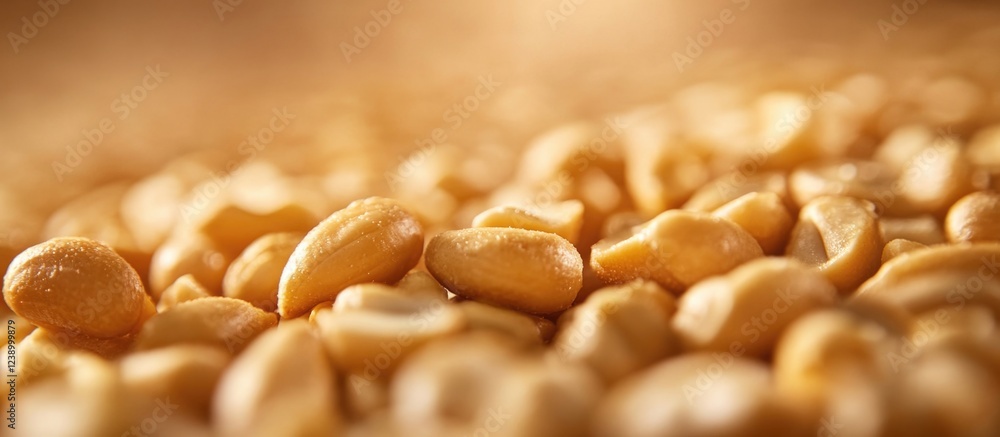 Aufkleber close-up of shelled peanuts scattered on a surface with warm lighting and blurred background providi