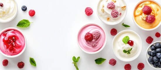 Variety of yogurt cups with fresh berries and mint leaves on white background with Copy Space for text.