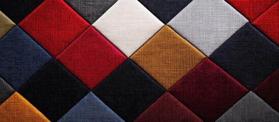 Fototapeta premium Textured geometric fabric patchwork in vibrant colors including red, black, yellow, white, and gray with Copy Space for design use