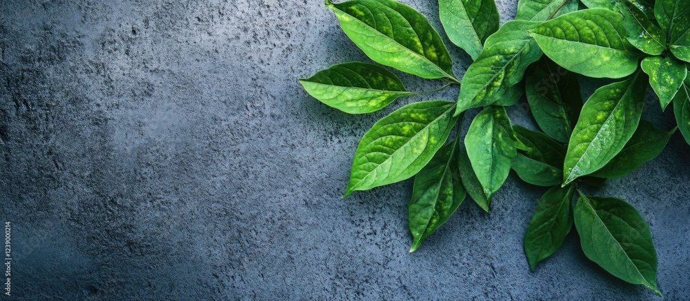 Aufkleber fresh green leaves on a textured gray background with copy space for text placement.