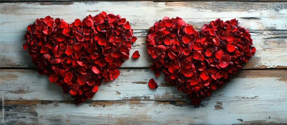 Poster red rose petals arranged in two heart shapes on rustic wooden background with copy space for text.