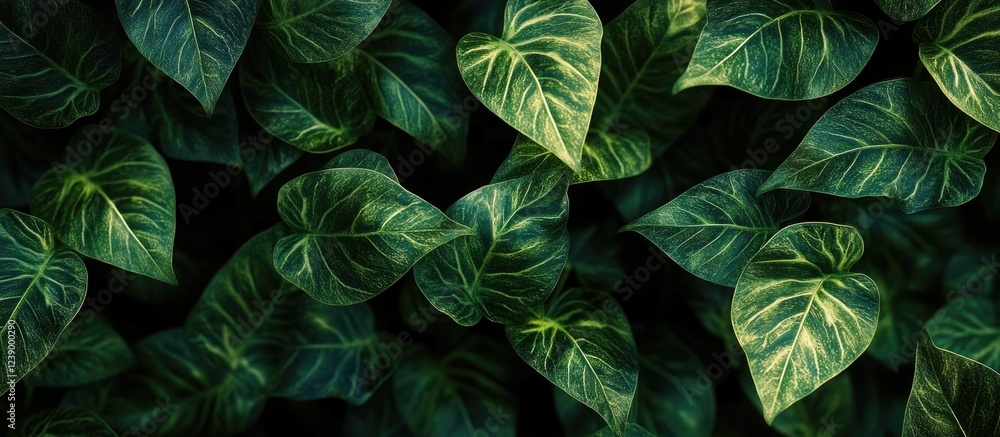 Poster close-up of lush green philodendron leaves with intricate patterns and textures on a dark background