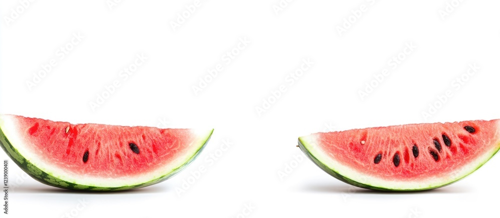 Poster sliced watermelon halves with seeds on a white background with ample copy space for text placement