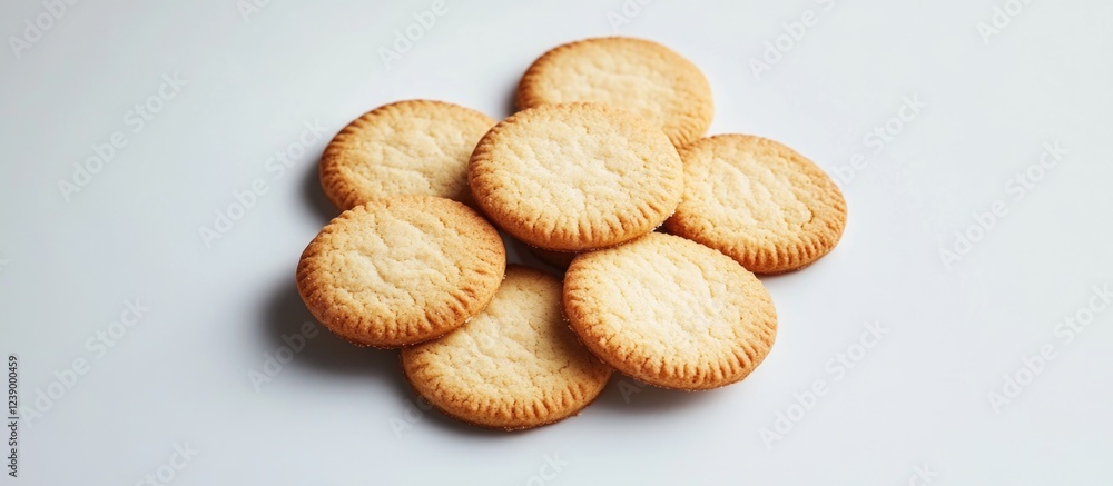 Poster pile of round butter cookies on a white background with copy space for text