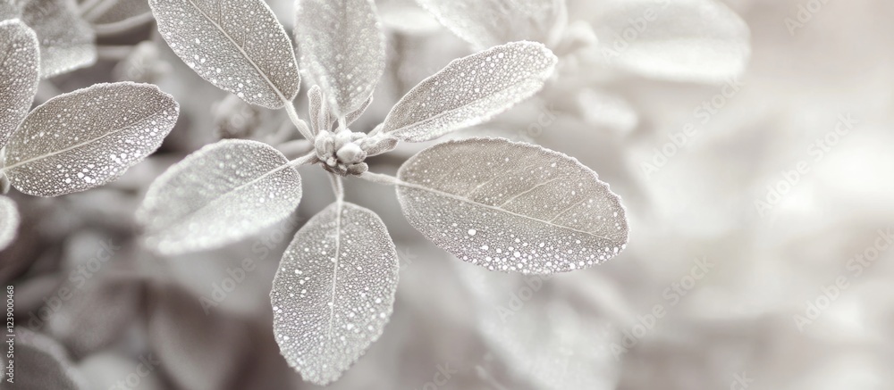 Sticker Close-up of dew-covered light green leaves with soft focus background and natural textures Copy Space