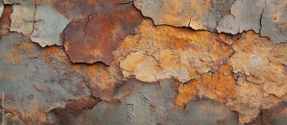 Poster rusty metal surface with peeling paint in various colors and textures ideal for backgrounds with cop