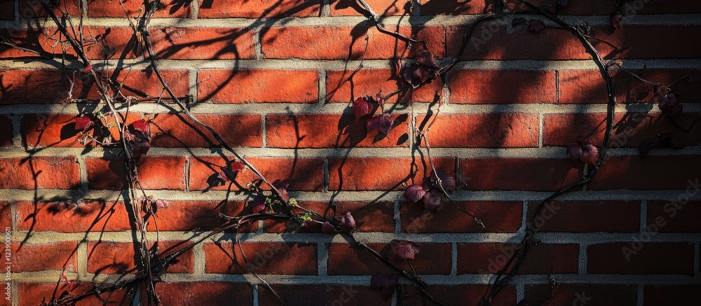 Poster brick wall with climbing vines and shadows creating patterns during golden hour light. copy space av
