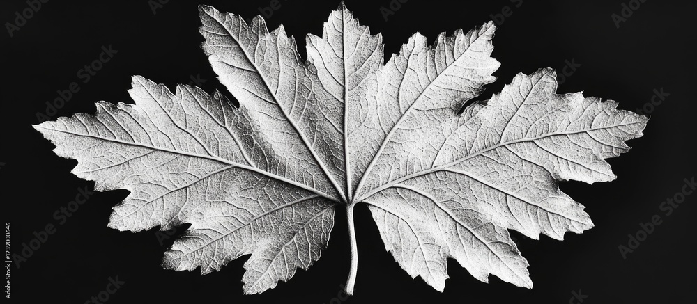 Poster black and white image of a detailed maple leaf against a dark background featuring texture and patte