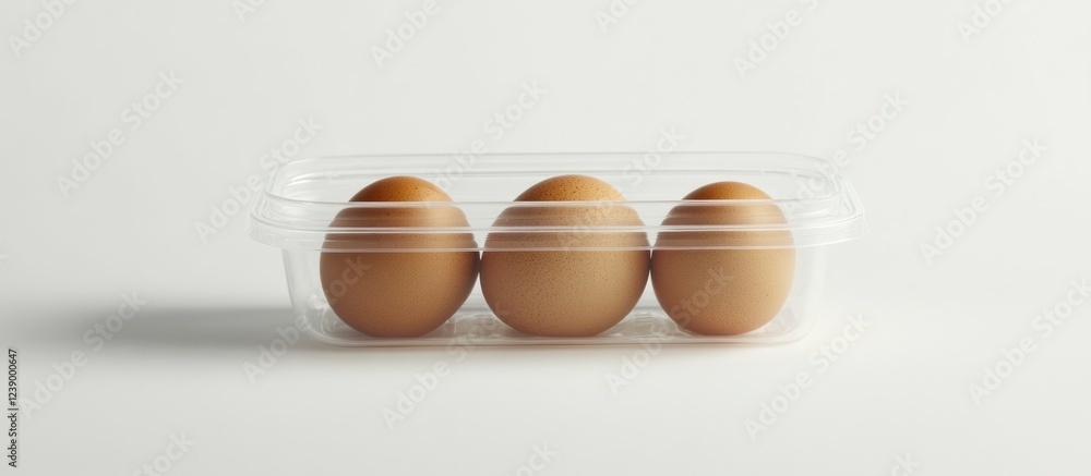 Aufkleber three brown eggs in a transparent plastic container on a white background with copy space for text p