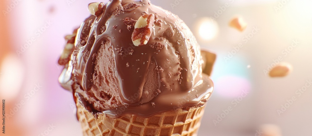 Poster chocolate ice cream in a waffle cone with nuts on top and colorful blurred background with copy spac