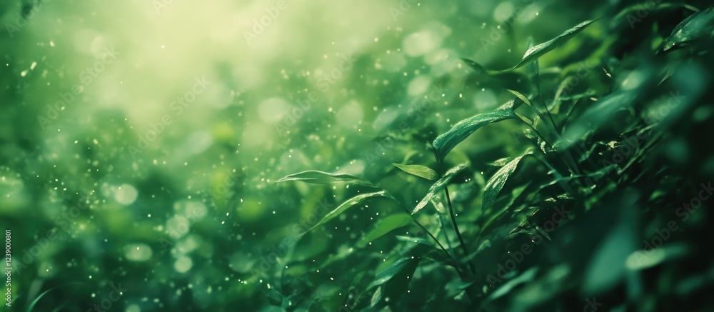 Poster lush green foliage with raindrops creating a misty atmosphere and soft bokeh effect suitable for nat