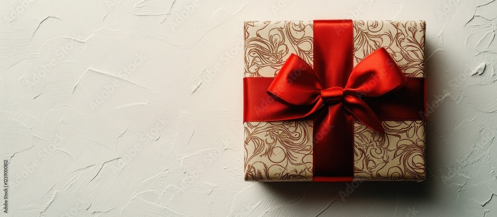 Poster gift box with decorative wrapping and red ribbon on textured white background with ample copy space