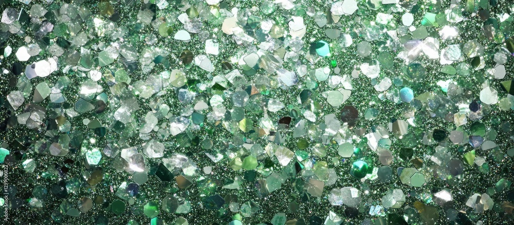 Poster green glitter background texture with various shapes and sizes of sparkles and reflections for use i