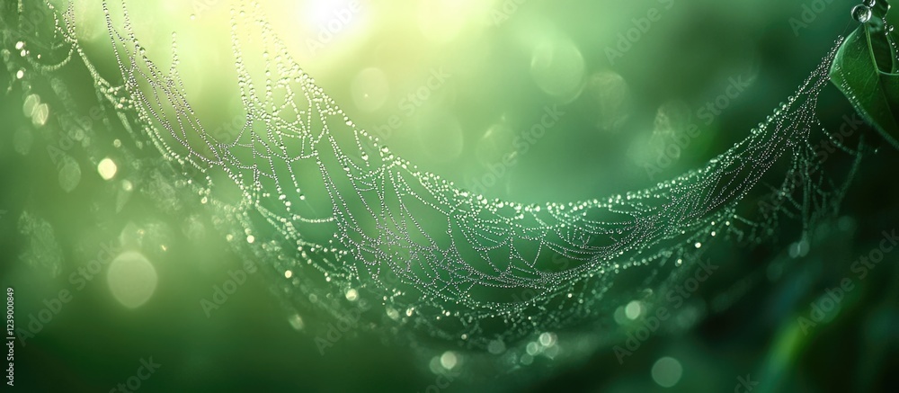 Poster morning dew on a spider web in a green blurred background with light bokeh and copy space for text.
