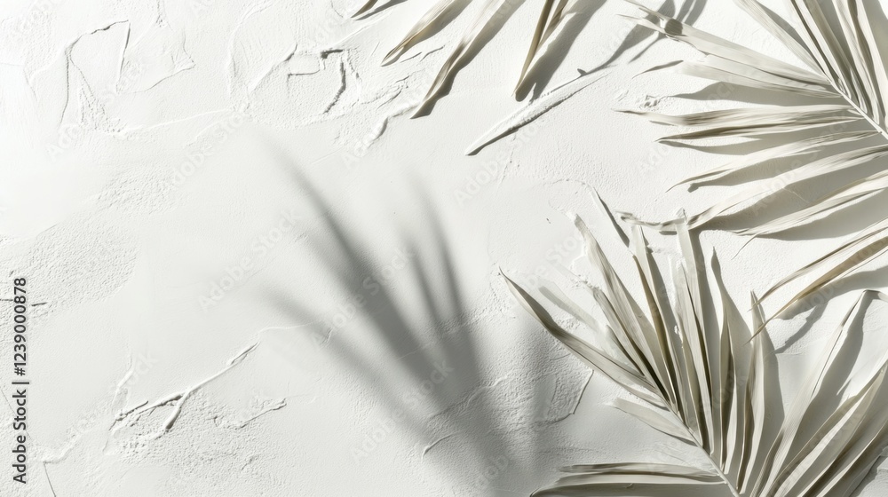 Poster background with textured white surface and dry palm leaves casting shadows, featuring plenty of copy