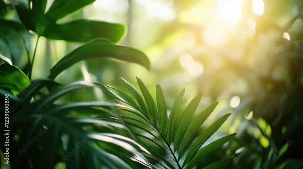 Aufkleber lush green tropical leaves with sunlight filtering through, natural background with soft bokeh and c