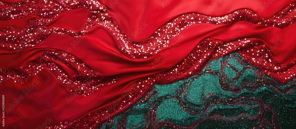 Poster red and green satin fabric with sparkles arranged in wavy patterns creating a rich textured backgrou