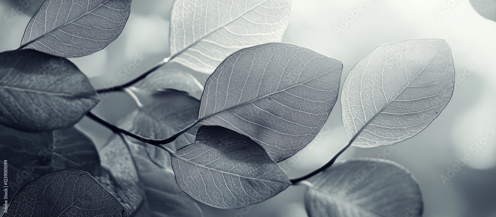 Poster black and white close-up of soft leaves with blurred background and copy space for text