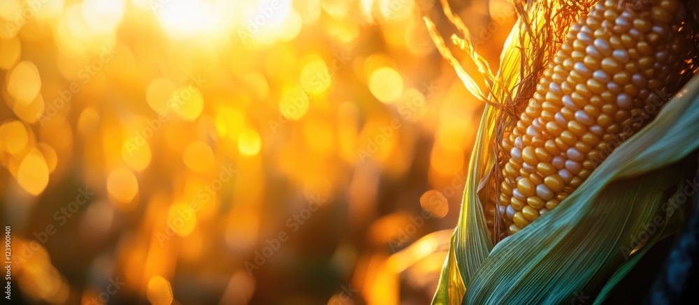 Poster close-up of fresh corn on cob with sunlight filtering through cornfield in the background copy space