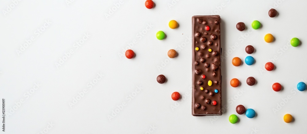 Aufkleber chocolate bar with colorful candy pieces on a white background with copy space for text placement.