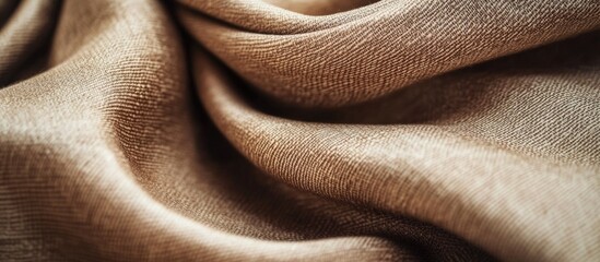Textured fabric close-up in light brown color with natural folds and waves suitable for creating backgrounds Copy Space