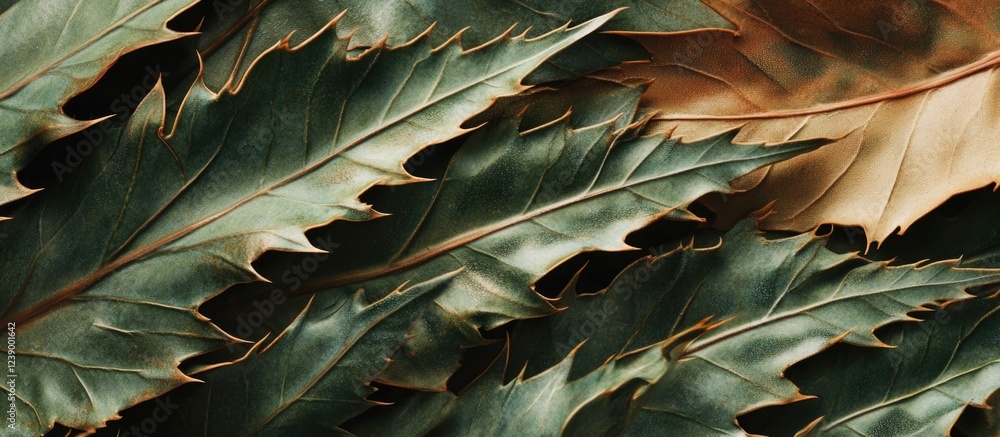 Poster close-up of green and brown leaves with intricate textures and patterns on a dark background with co
