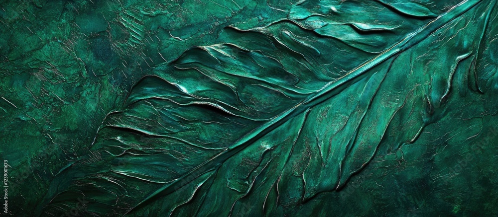 Poster green textured leaf pattern with detailed veins on a dark background featuring ample copy space for 