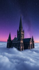 Majestic Cathedral Floating Above the Clouds at Night � Dreamlike Faith Background