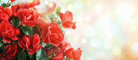 Fototapeta premium Red flowers with blurred background featuring bokeh lights and soft colors Copy Space for text placement