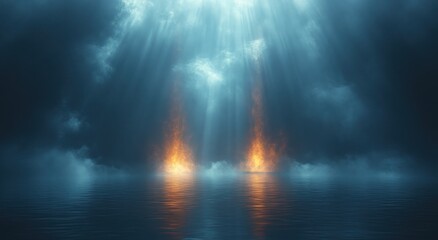 Futuristic Abstract Scene with Dramatic Light Beams in Dark Fog