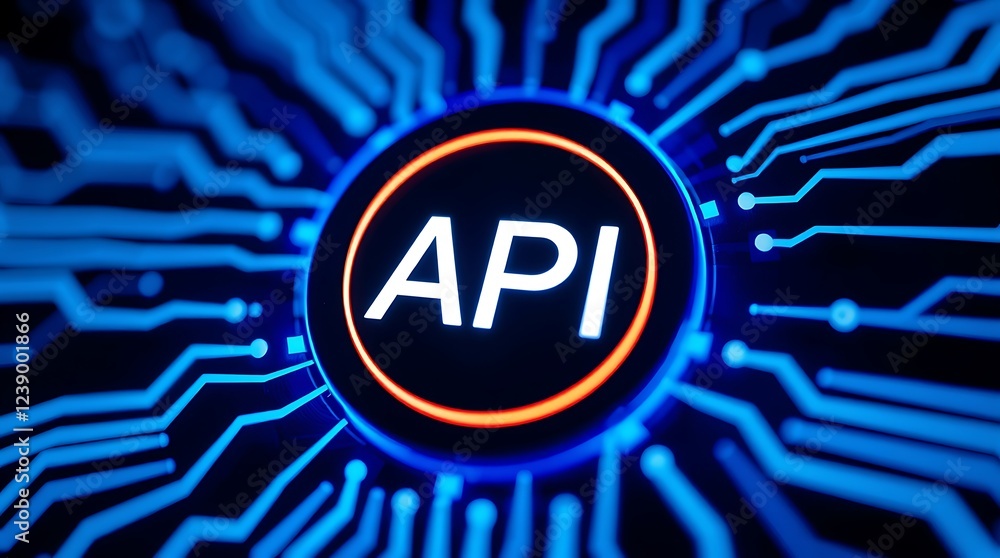 Poster api symbol embedded within a futuristic, glowing blue gear, connected to a complex circuit board