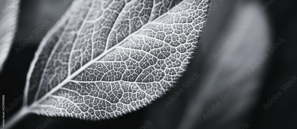 Poster detailed close-up of a leaf showcasing intricate vein patterns in black and white with selective foc