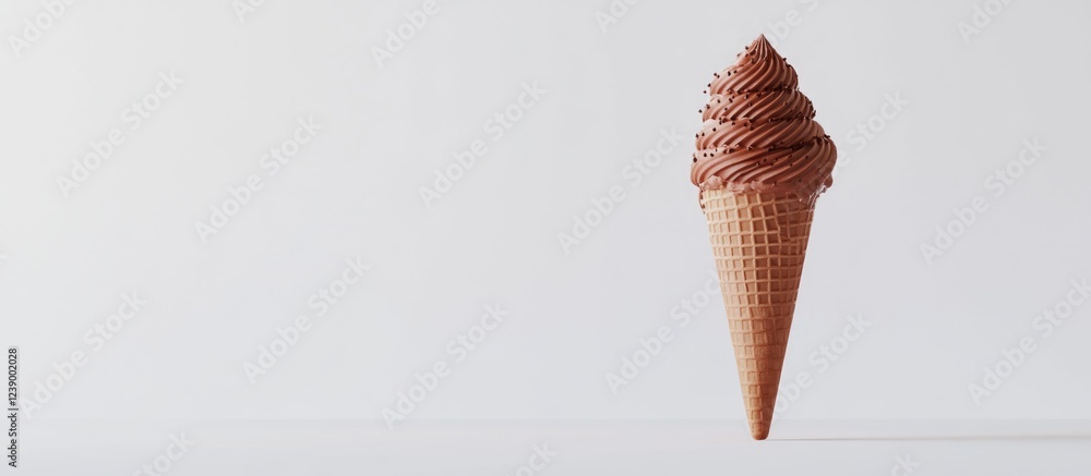 Poster chocolate ice cream cone on a plain background with copy space for text placement.