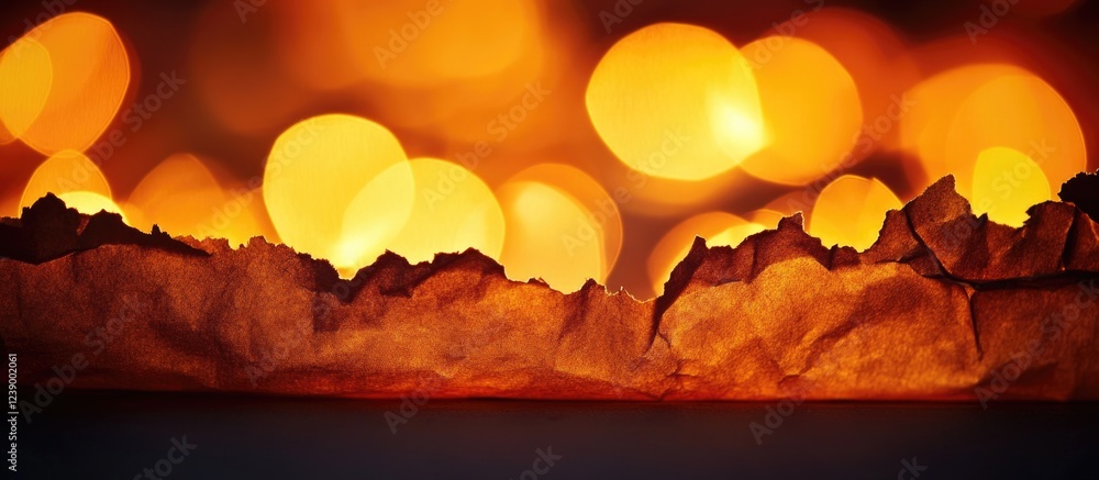 Poster burnt paper edge with glowing bokeh lights in the background showcasing warm tones and textures copy