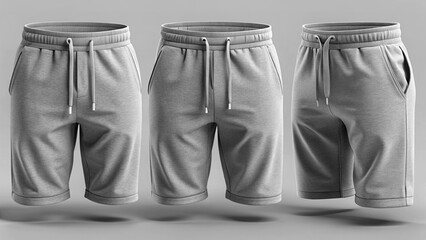 Blank shorts mockup, front, back and side views. Sweatpants. 3d rendering, 3d illustration. on white 
