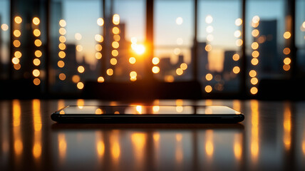 smartphone resting on wooden table with sunset view and bokeh lights in background creates warm and inviting atmosphere