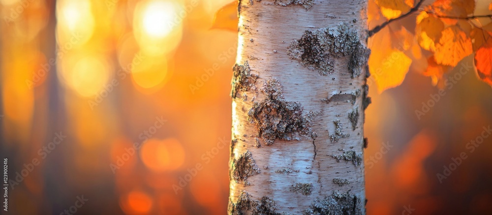 Poster close-up view of birch tree trunk with autumn leaves and warm blurred background light copy space