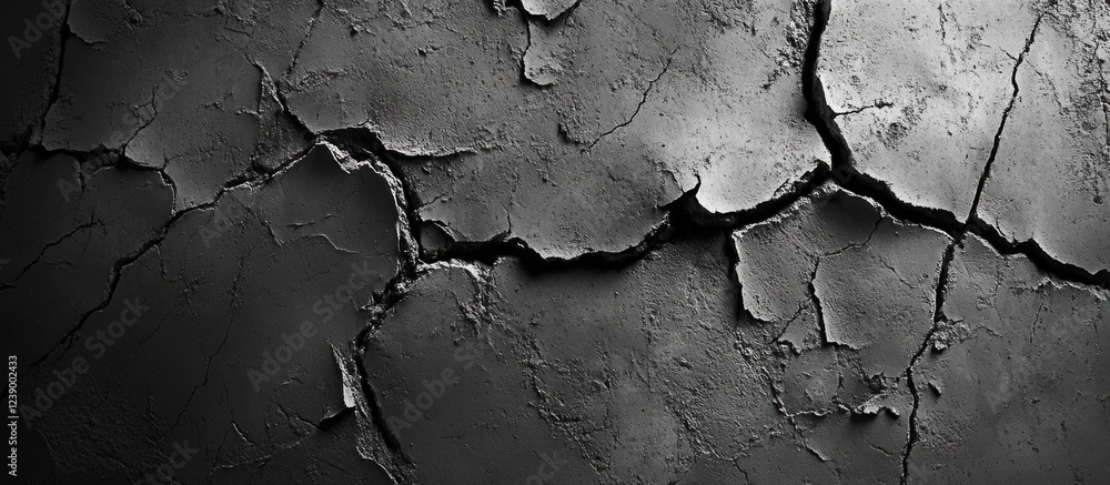 Poster cracked black wall surface texture with deep fissures and copy space for design applications