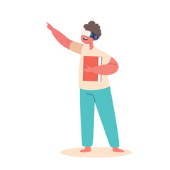Little Boy Wearing Vr Glasses Holding Book And Pointing With Finger On Artificial Reality Hologram In Cyberspace